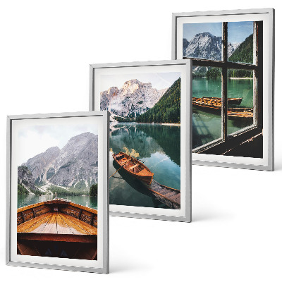 Juego de 3 cuadros Ventana de barcos en el lago de montaña