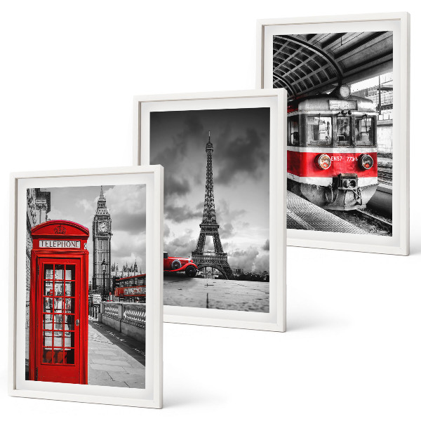 Set de 3 cuadros para salón Iconos Londres París transporte