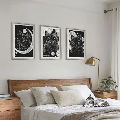 Juego de 3 cuadros de gatos negros en el espacio lunar decoración de pared con diseño de gatos negros en el espacio lunar