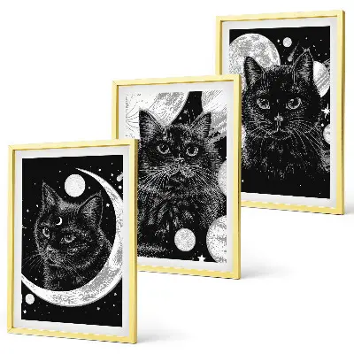Juego de 3 cuadros de gatos negros en el espacio lunar decoración de pared con diseño de gatos negros en el espacio lunar
