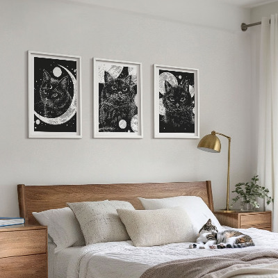 Juego de 3 cuadros Gatos negros espacio lunar
