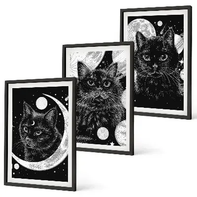 Juego de 3 cuadros de gatos negros en el espacio lunar decoración de pared con diseño de gatos negros en el espacio lunar