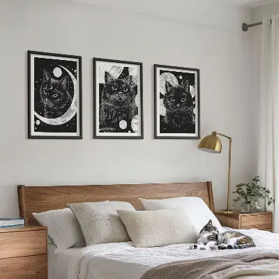 Juego de 3 cuadros de gatos negros en el espacio lunar decoración de pared con diseño de gatos negros en el espacio lunar