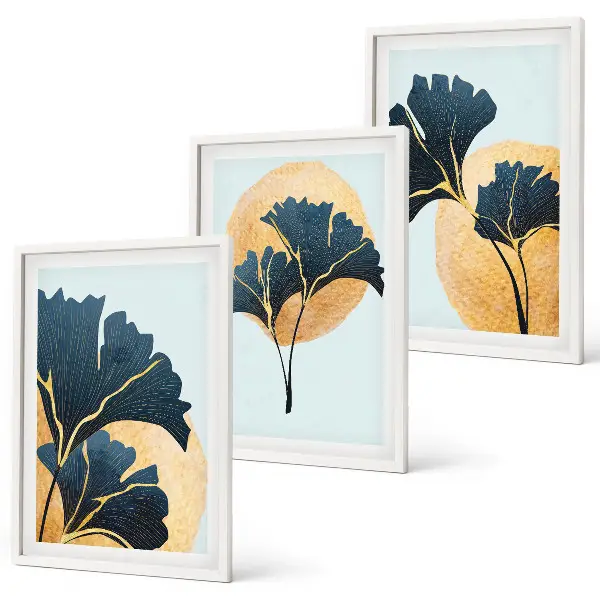 Juego de 3 cuadros con diseño de hojas de ginkgo sobre fondo claro