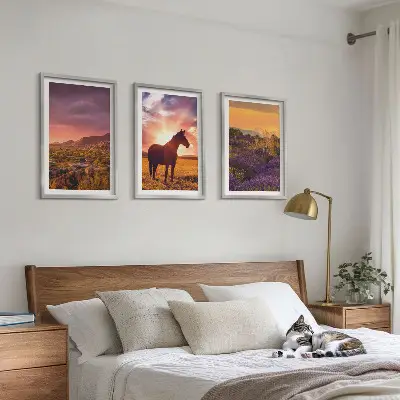 Set de 3 cuadros para salón de paisaje montañoso con un caballo
