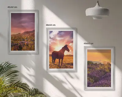 Set de 3 cuadros para salón de paisaje montañoso con un caballo