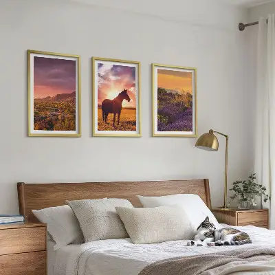 Set de 3 cuadros para salón de paisaje montañoso con un caballo