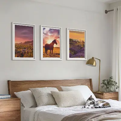 Set de 3 cuadros para salón de paisaje montañoso con un caballo