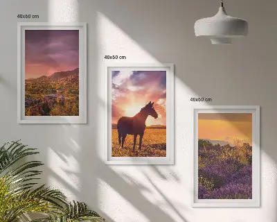 Set de 3 cuadros para salón de paisaje montañoso con un caballo