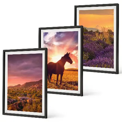 Set de 3 cuadros para salón de paisaje montañoso con un caballo