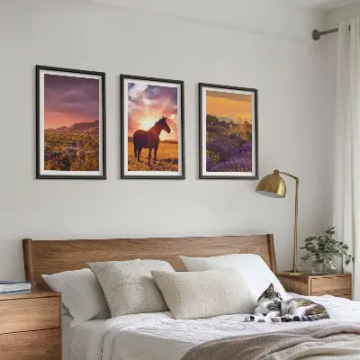 Set de 3 cuadros para salón de paisaje montañoso con un caballo