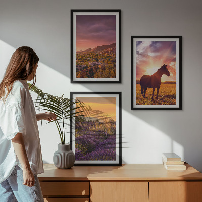 Set de 3 cuadros para salón Paisaje montañoso con un caballo