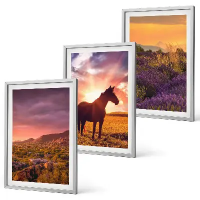 Set de 3 cuadros para salón de paisaje montañoso con un caballo
