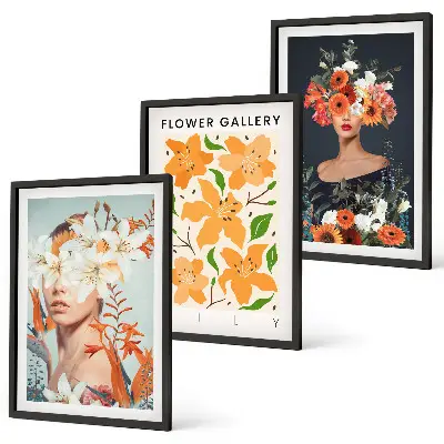 Juego de 3 cuadros retratos con ramos de flores