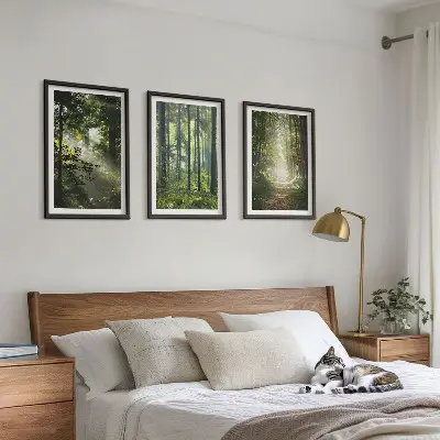 Juego de 3 cuadros con diseño de bosques verdes y rayos de luz