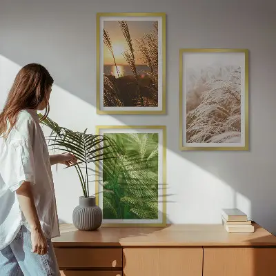 Set de 3 cuadros para salón con diseño de hierbas de colores naturales
