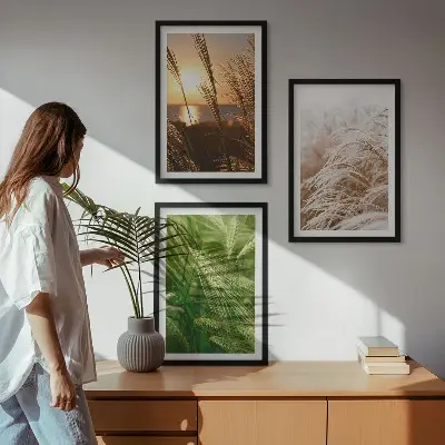 Set de 3 cuadros para salón con diseño de hierbas de colores naturales