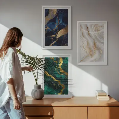 Juego de 3 cuadros con patrones abstractos en tonos azul verdosos