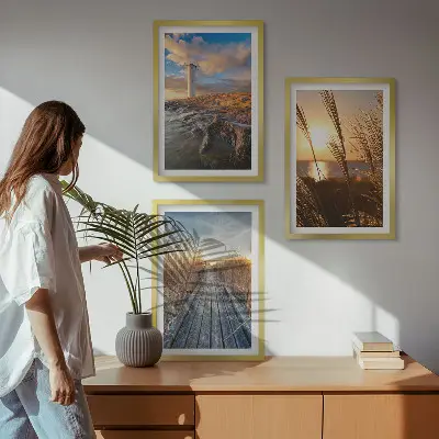 Set de 3 cuadros para salón diseño de muelle de hierba del faro