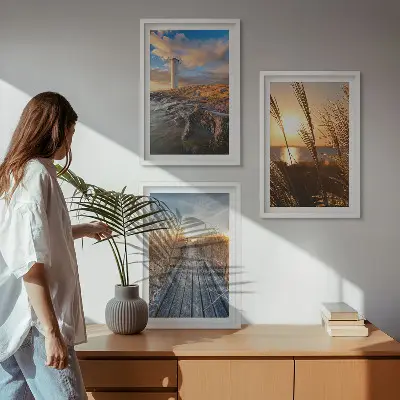 Set de 3 cuadros para salón diseño de muelle de hierba del faro