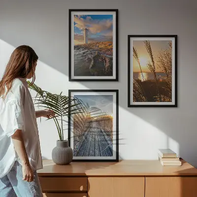 Set de 3 cuadros para salón diseño de muelle de hierba del faro