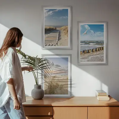 Juego de 3 cuadros con diseño de playa arena olas cielo y pájaros