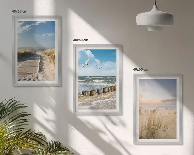 Juego de 3 cuadros con diseño de playa arena olas cielo y pájaros