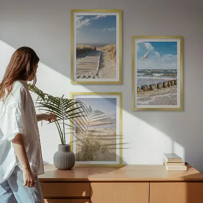 Juego de 3 cuadros con diseño de playa arena olas cielo y pájaros