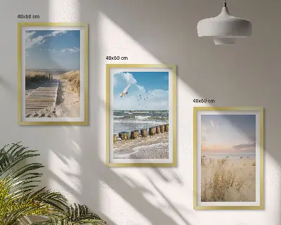 Juego de 3 cuadros con diseño de playa arena olas cielo y pájaros