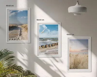 Juego de 3 cuadros con diseño de playa arena olas cielo y pájaros
