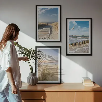 Juego de 3 cuadros con diseño de playa arena olas cielo y pájaros