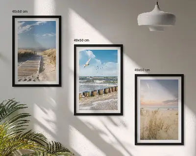 Juego de 3 cuadros con diseño de playa arena olas cielo y pájaros