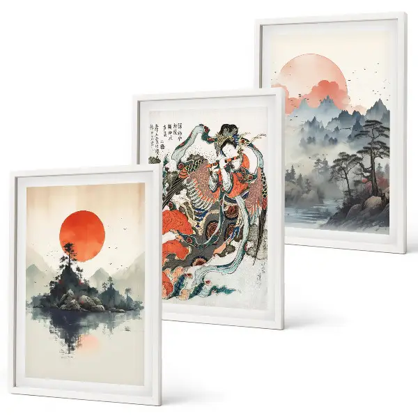 Set de 3 cuadros de pinturas japonesas asiáticas decoración para salón