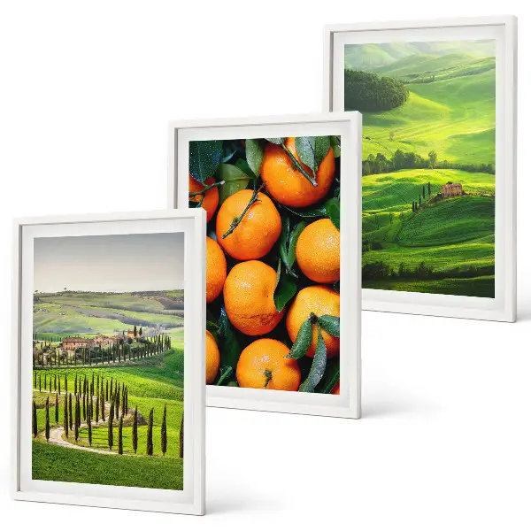 Set de 3 cuadros para salón con diseño de paisaje rural italiano y naranjas