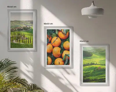 Set de 3 cuadros para salón con diseño de paisaje rural italiano y naranjas