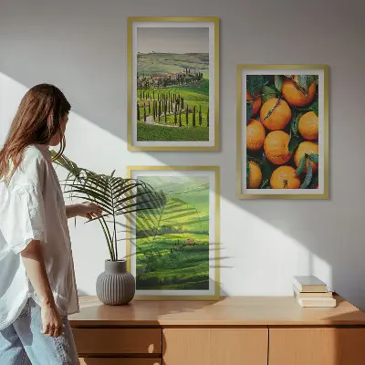 Set de 3 cuadros para salón con diseño de paisaje rural italiano y naranjas