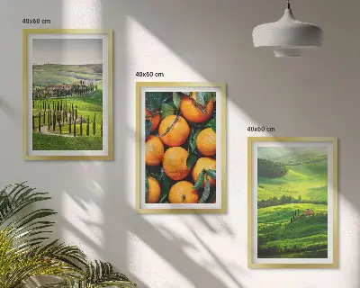 Set de 3 cuadros para salón con diseño de paisaje rural italiano y naranjas