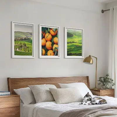 Set de 3 cuadros para salón con diseño de paisaje rural italiano y naranjas