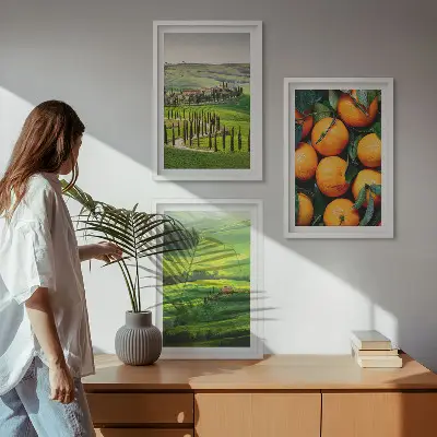 Set de 3 cuadros para salón con diseño de paisaje rural italiano y naranjas