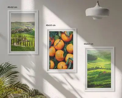 Set de 3 cuadros para salón con diseño de paisaje rural italiano y naranjas