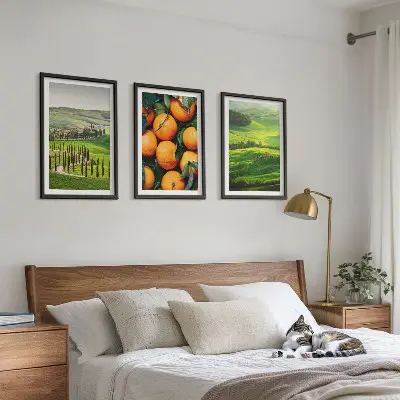 Set de 3 cuadros para salón con diseño de paisaje rural italiano y naranjas