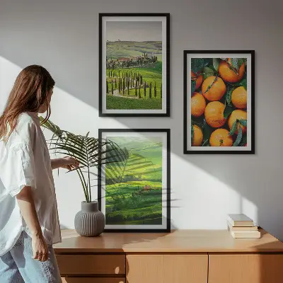 Set de 3 cuadros para salón con diseño de paisaje rural italiano y naranjas
