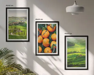 Set de 3 cuadros para salón con diseño de paisaje rural italiano y naranjas