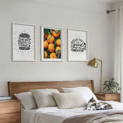 Set de 3 cuadros para salón con diseño de cocina de naranjas jugosas