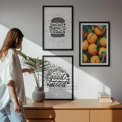 Set de 3 cuadros para salón con diseño de cocina de naranjas jugosas