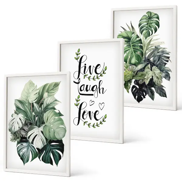Set de 3 cuadros para salón con diseño de plantas de hojas verdes con frases motivadoras