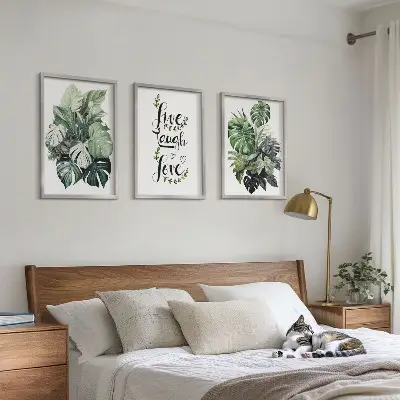 Set de 3 cuadros para salón con diseño de plantas de hojas verdes con frases motivadoras