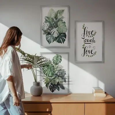 Set de 3 cuadros para salón con diseño de plantas de hojas verdes con frases motivadoras