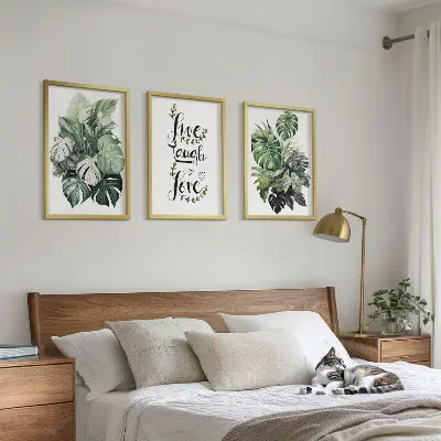 Set de 3 cuadros para salón con diseño de plantas de hojas verdes con frases motivadoras