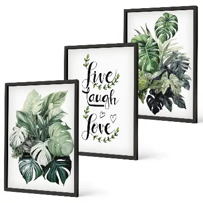 Set de 3 cuadros para salón con diseño de plantas de hojas verdes con frases motivadoras
